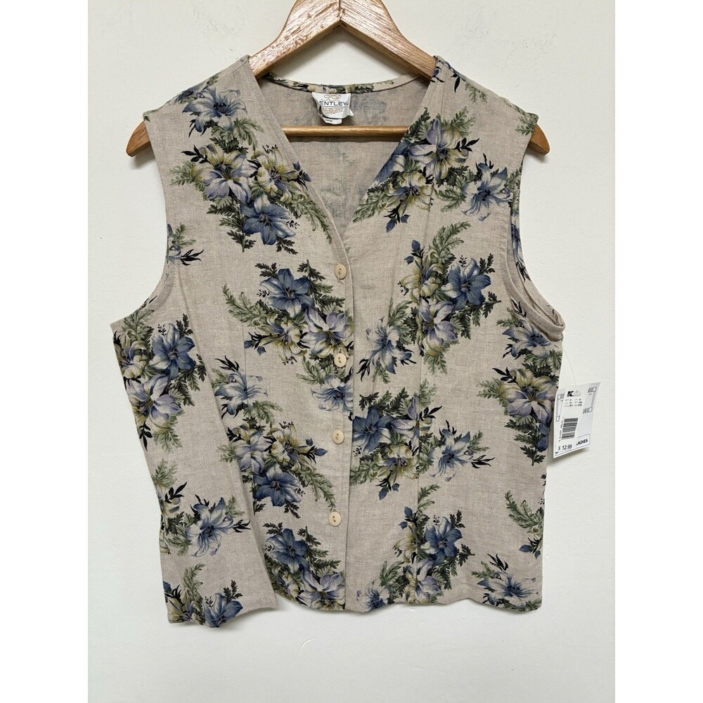 Vintage Bentley Women’s Large Linen Floral Vest Button Down NWT